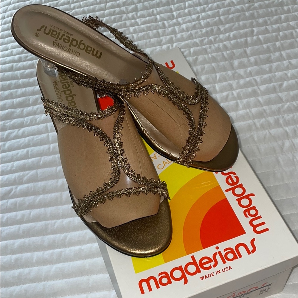 Via Veneto Gold and Tan Heels with Stylish Crisscross Straps